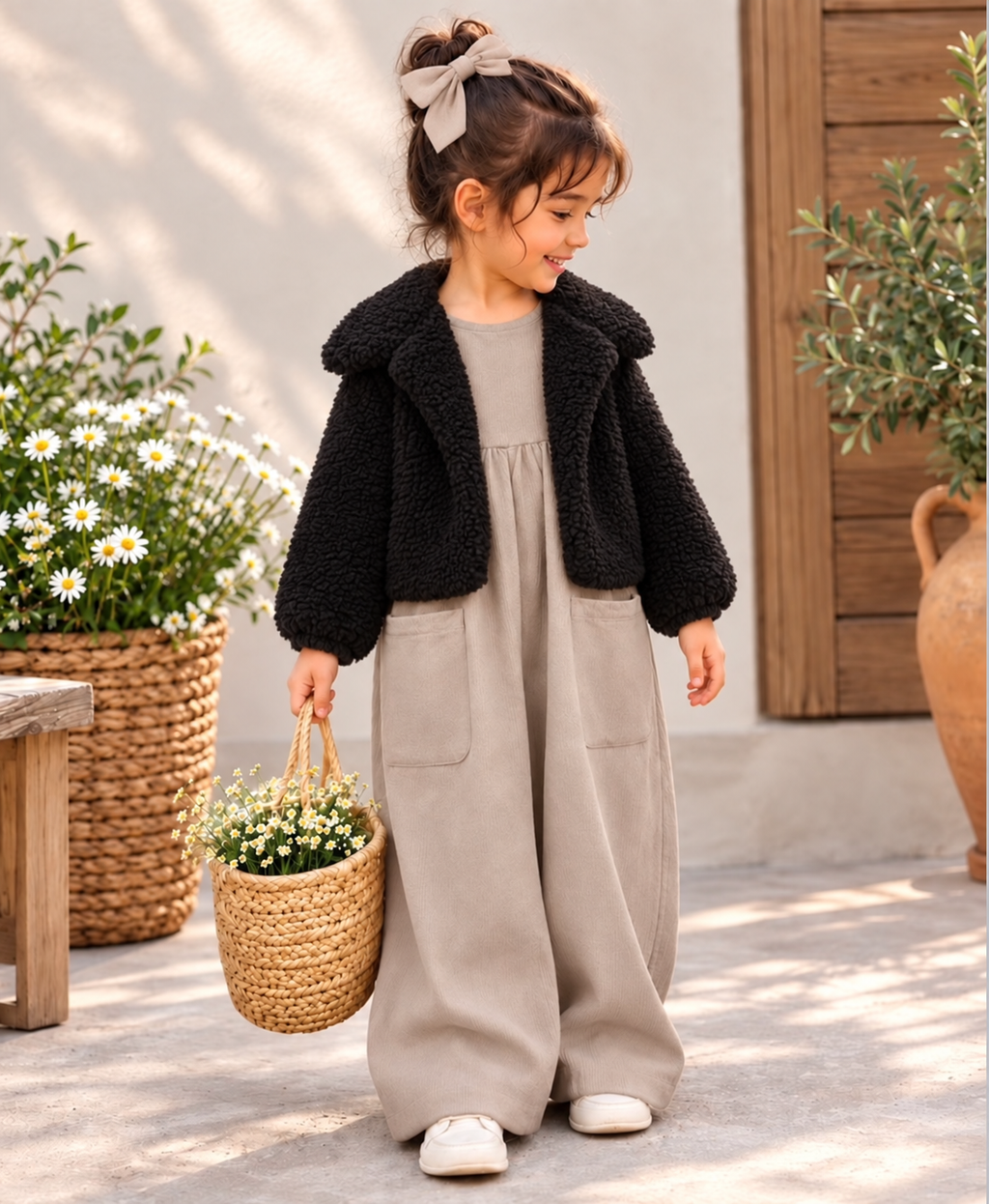 Kız Çocuk Siyah Peluş Ceket & Vizon Müslin Tulum