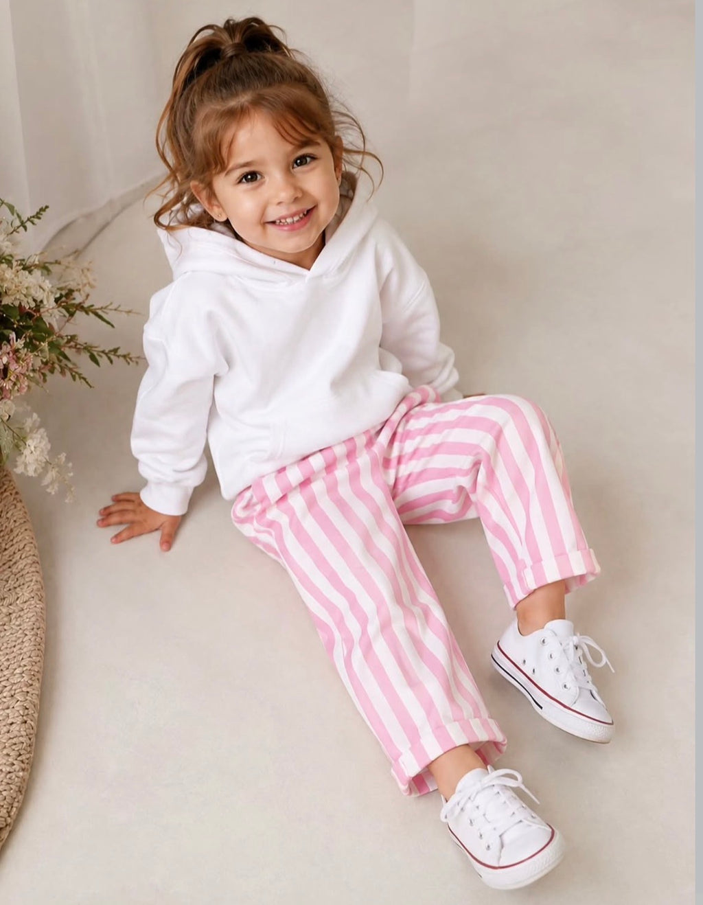 Kız Çocuk Pembe Çizgili Pantolon ve Sweat Takım