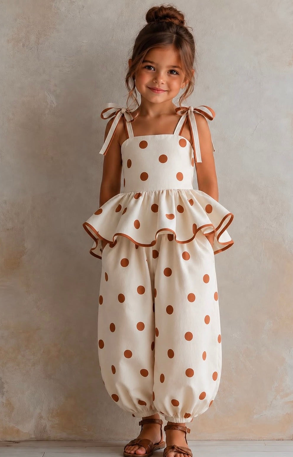 Kız Çocuk Taba Puantiyeli Crop & Balon Pantolon Takım