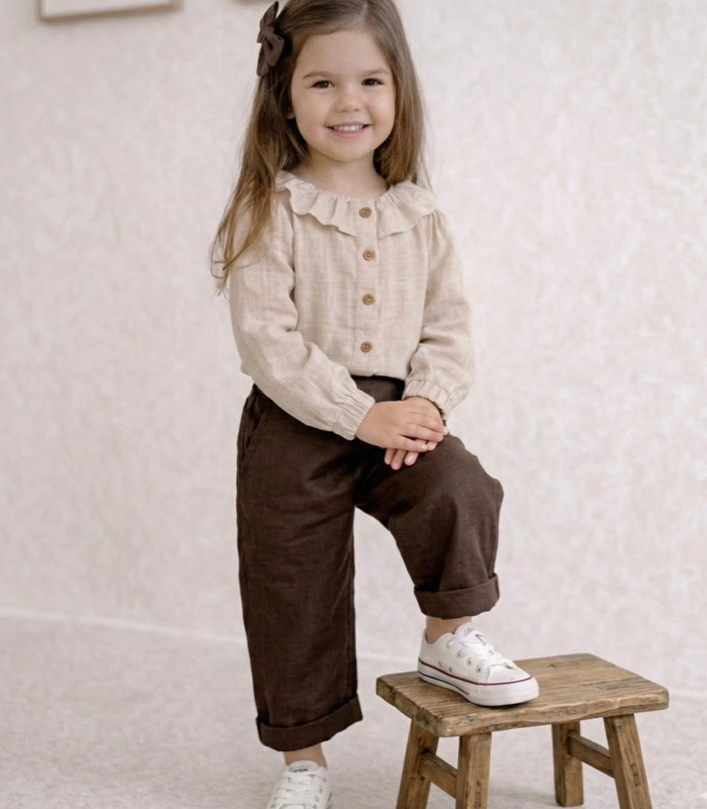Kız Çocuk Müslin Gömlek & Kahverengi Gabardin Pantolon Takım