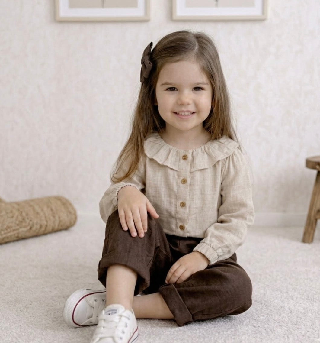 Kız Çocuk Müslin Gömlek & Kahverengi Gabardin Pantolon Takım