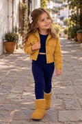 Kız Çocuk Taba Gabardin Ceket Crop ve Tayt Takım