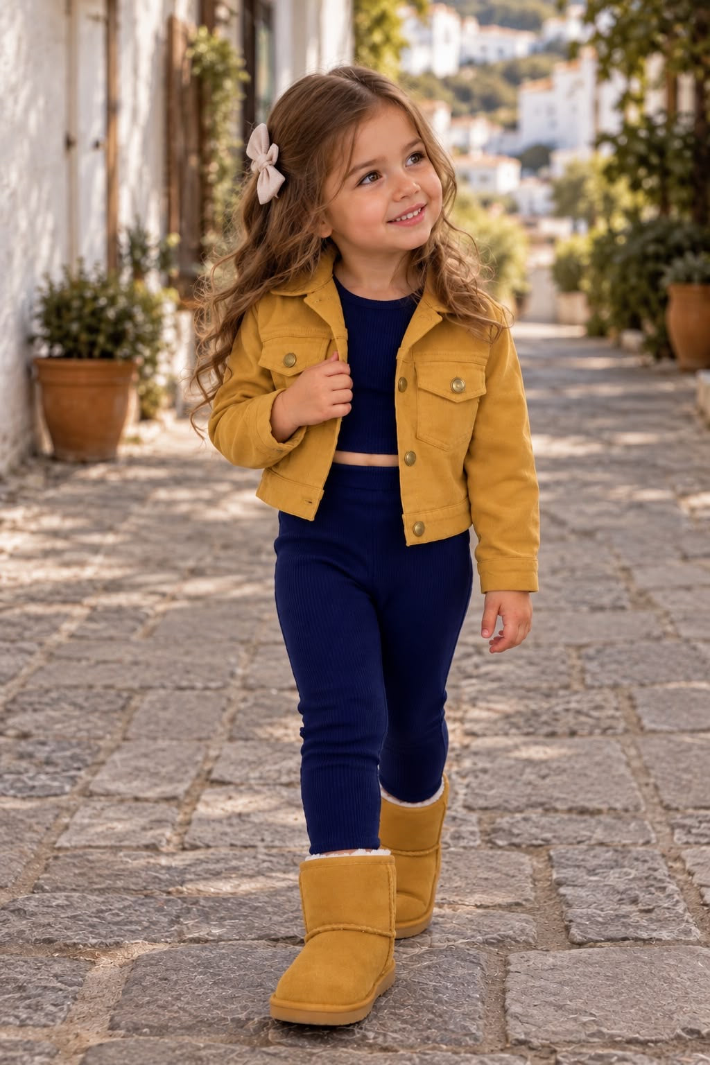 Kız Çocuk Taba Gabardin Ceket Crop ve Tayt Takım
