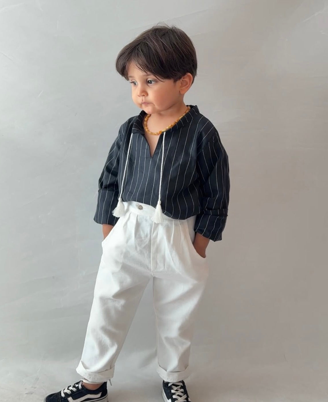Erkek Çocuk Çizgili Keten Gömlek & Pantolon Takım ￼