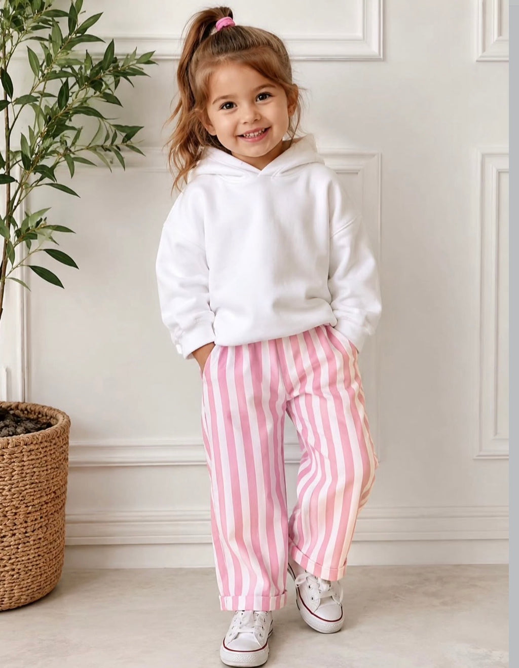 Kız Çocuk Pembe Çizgili Pantolon ve Sweat Takım