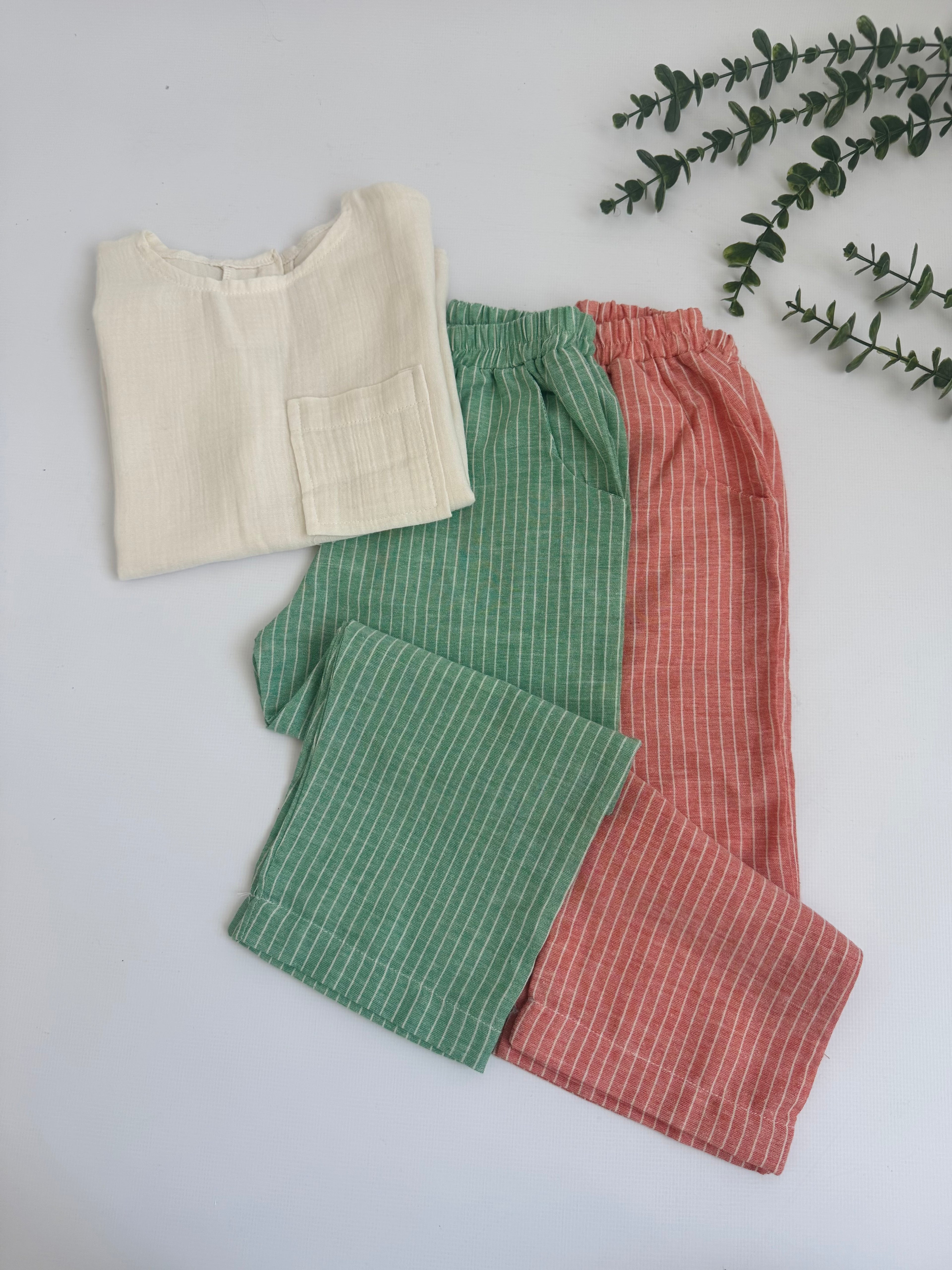 Erkek Çocuk Yeşil & Turuncu Keten Pantolon Müslin Bluz 3 lü Kombin