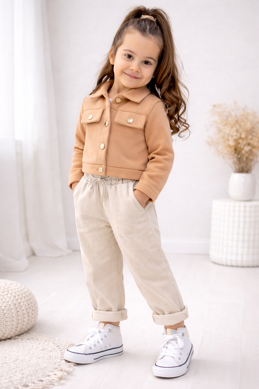 Kız Çocuk Vizon Şardonlu Ceket & Gabardin Pantolon Takım