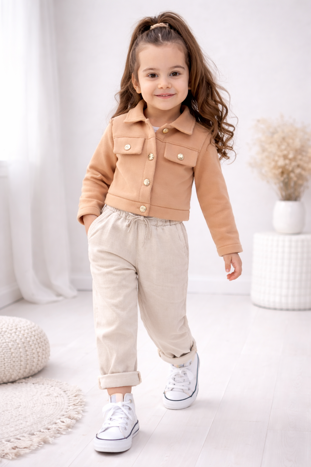 Kız Çocuk Vizon Şardonlu Ceket & Gabardin Pantolon Takım