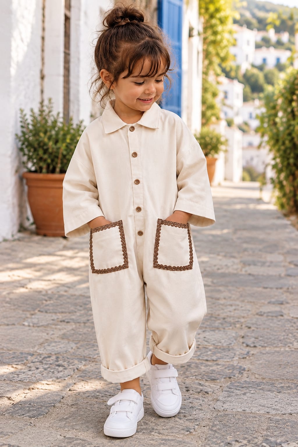 Kız Çocuk Pamuklu Krem Gabardin Tulum