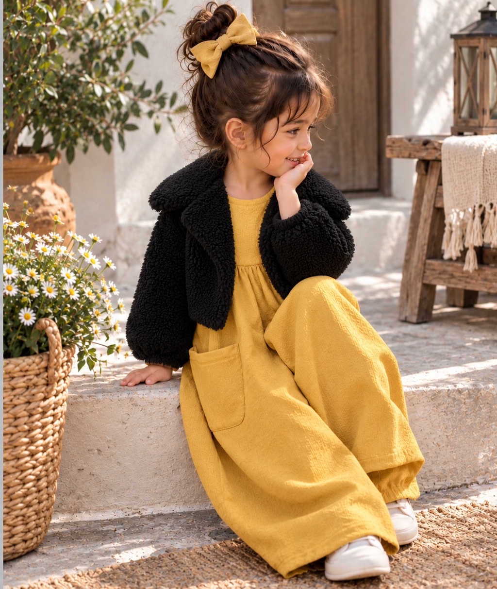 Kız Çocuk Siyah Peluş Ceket & Sarı Müslin Tulum
