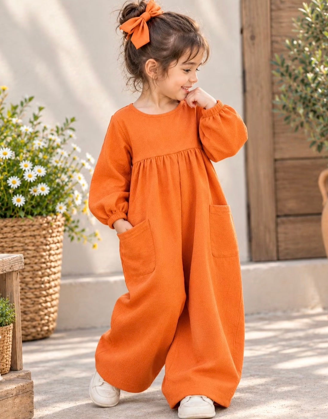Kız Çocuk Siyah Peluş Ceket & Turuncu Müslin Tulum