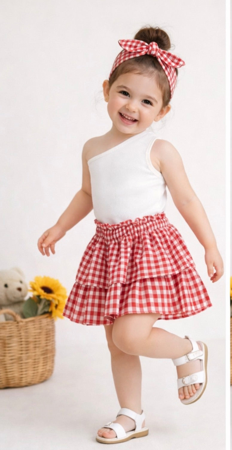 Kız Çocuk Ekose Etek & Crop & Bandana Takım