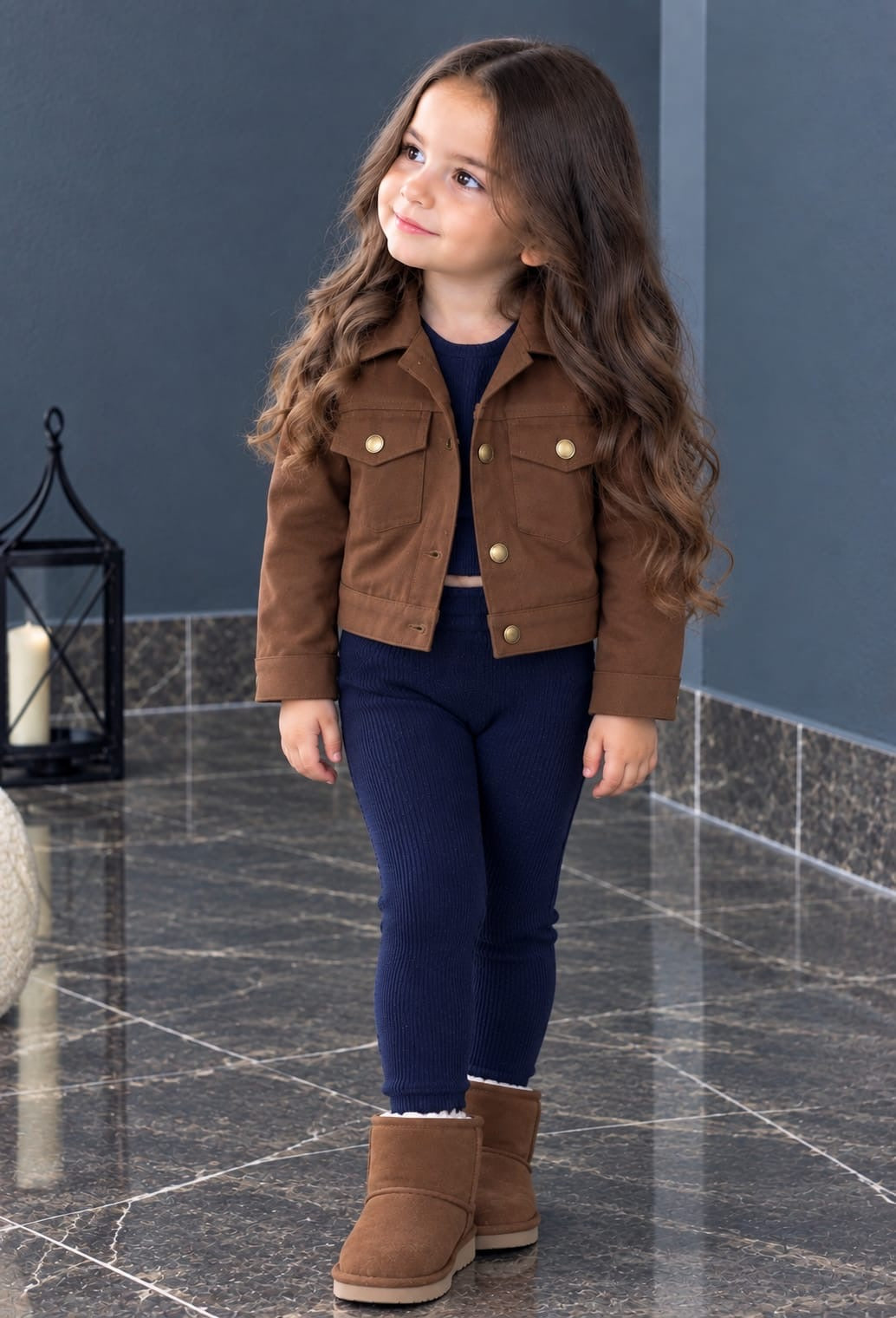 Kız Çocuk Kahve Gabardin Ceket Crop ve Tayt Takım