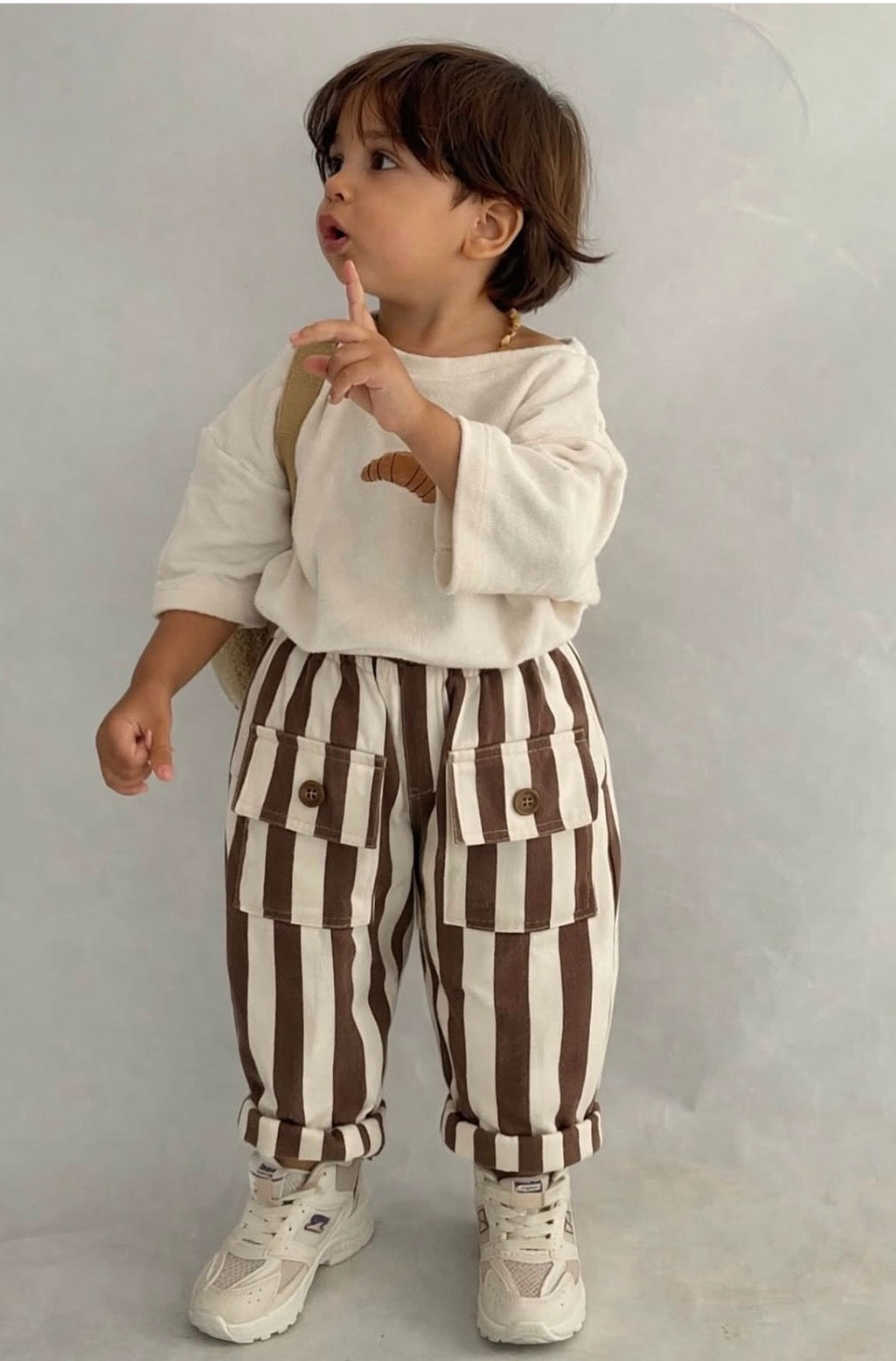 Unisex Kahverengi Çizgili Cepli Pantolon