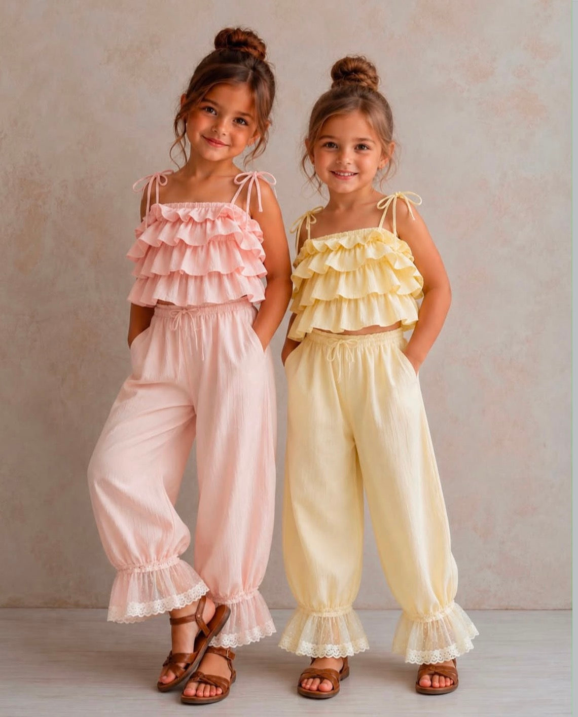 Kız Çocuk Pembe Fırfırlı Crop & Pantolon Takım