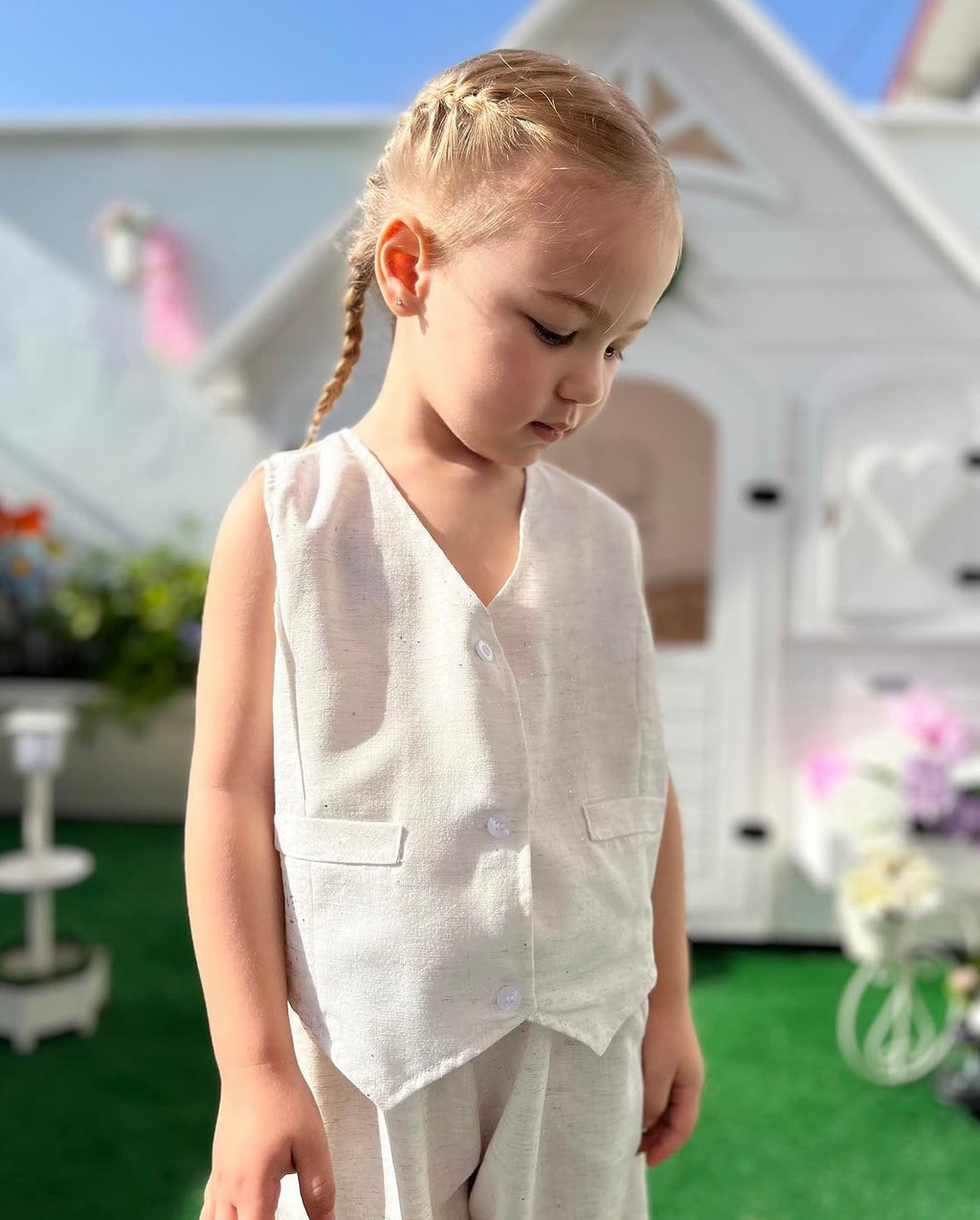 Kız Çocuk Keten Yelek ve Pantolon Takım