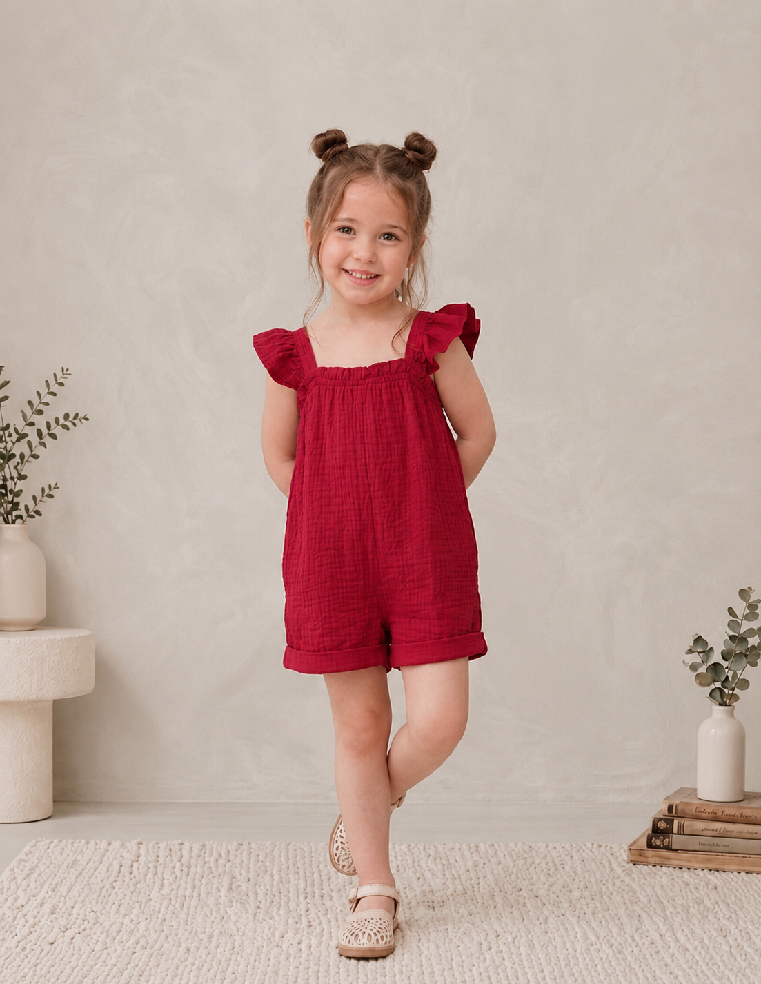 Kız Çocuk Kırmızı Müslin Şort Tulum
