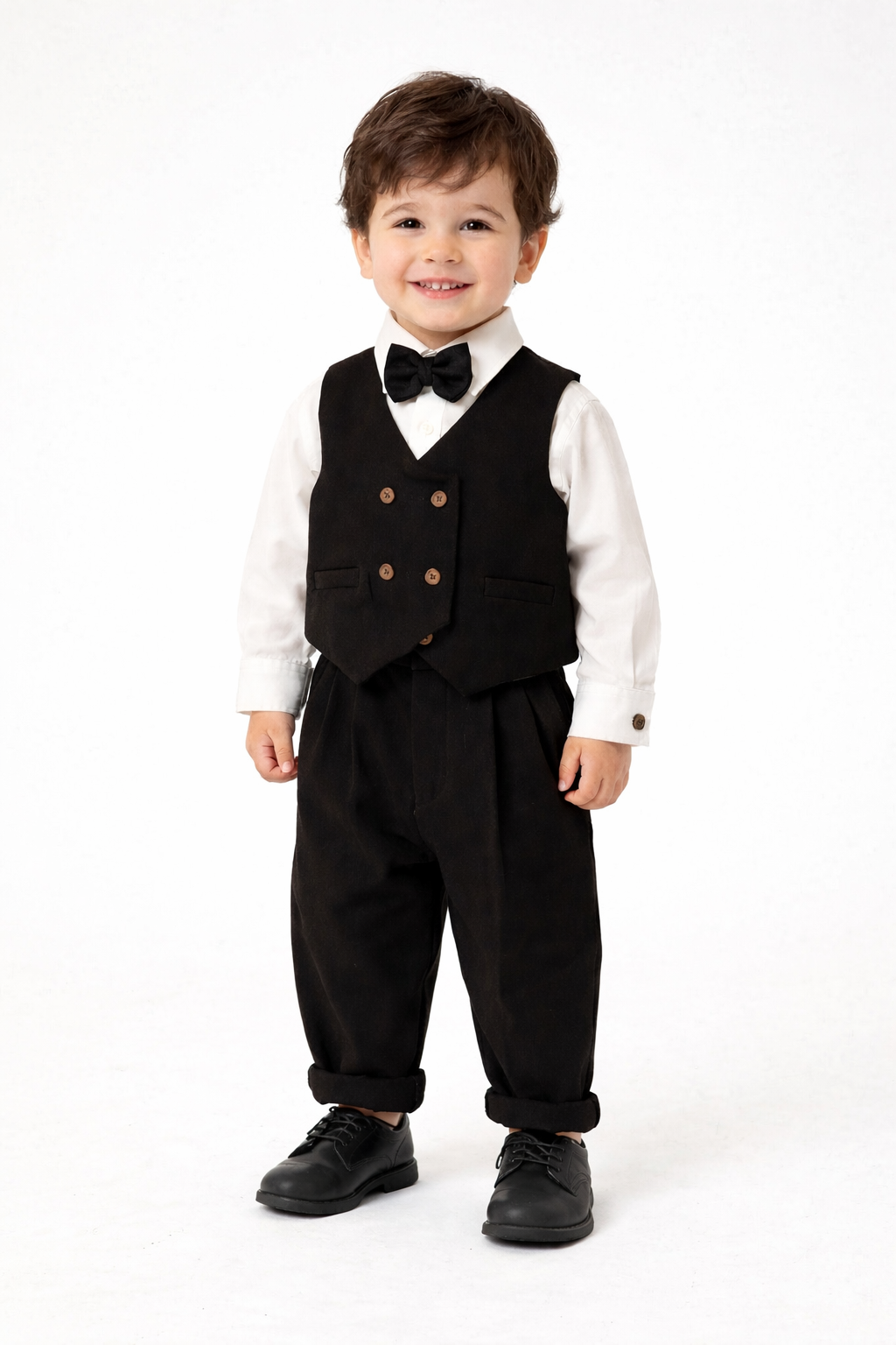 Erkek Çocuk Siyah Pantolon Yelek Gömlek ve Papyon Takım