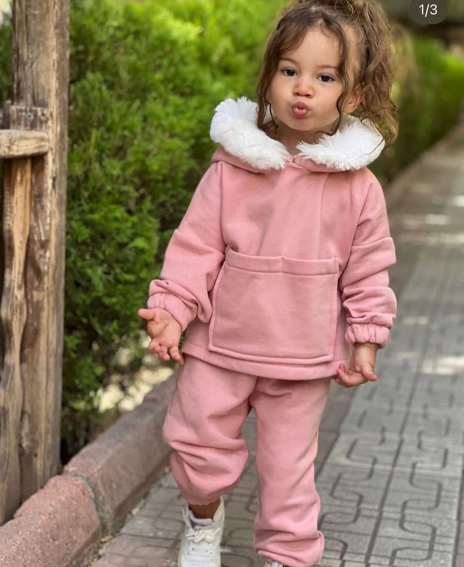 Kız Çocuk Kürk Yaka Şardonlu Eşofman Takım