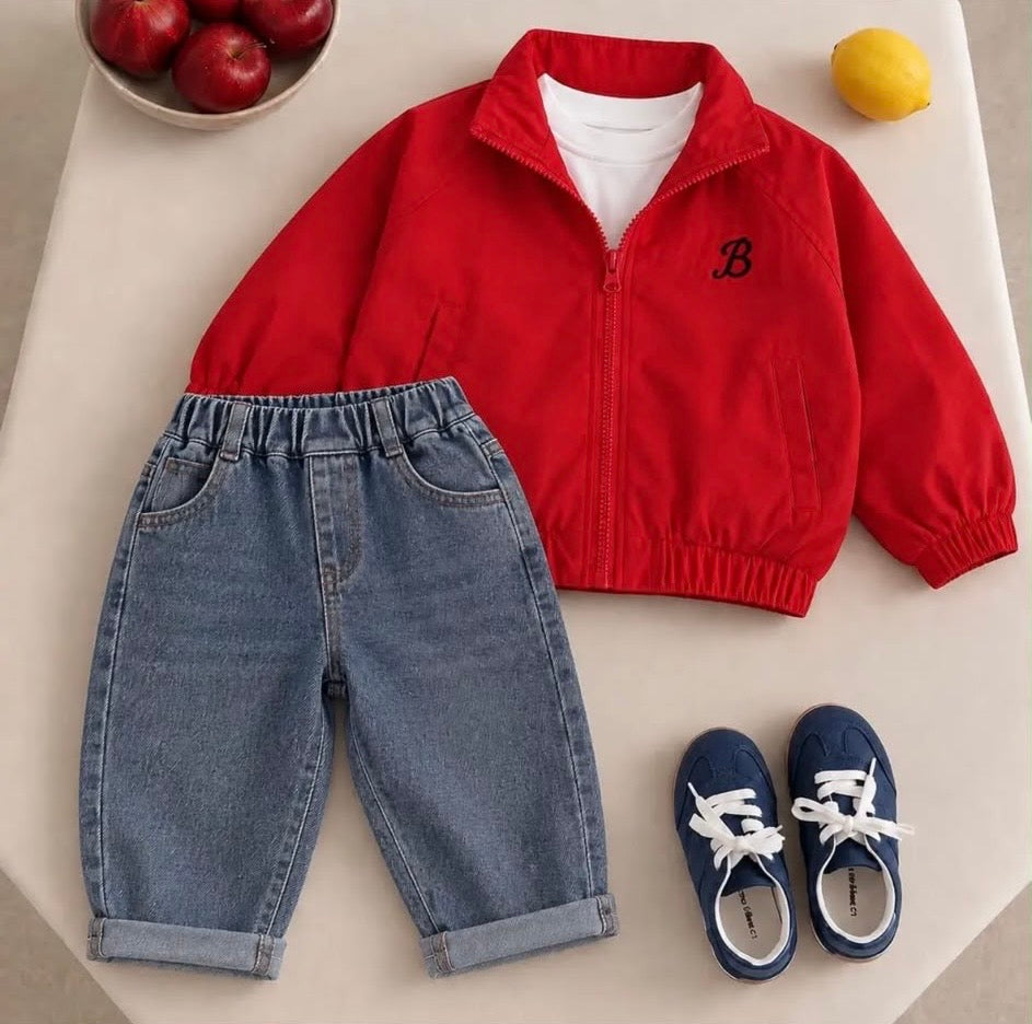 Unisex Kırmızı Bomber Ceket & Kot Pantolon Takım